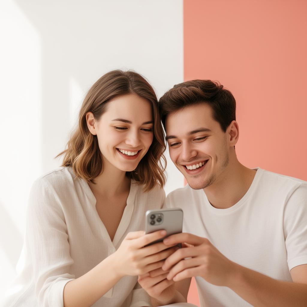 Casal jovem sorrindo enquanto usa o Reconectar a Dois